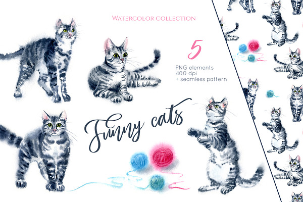 Funny Cats watercolor set + pattern