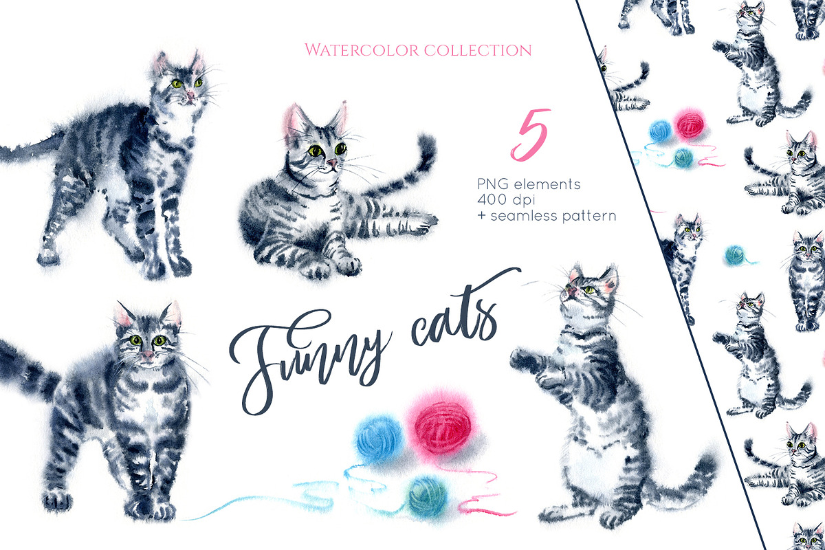 Funny Cats watercolor set + pattern in Graphics - product preview 8