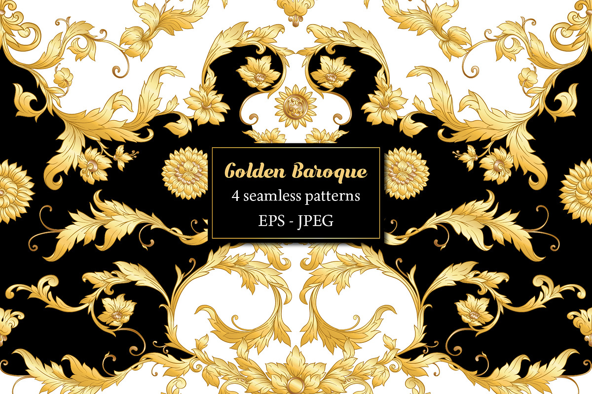 4 Golden Baroque Seamless Patterns in Objects - product preview 8