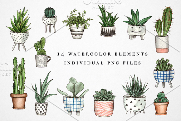 House plants in pots. Watercolor set in Illustrations - product preview 1
