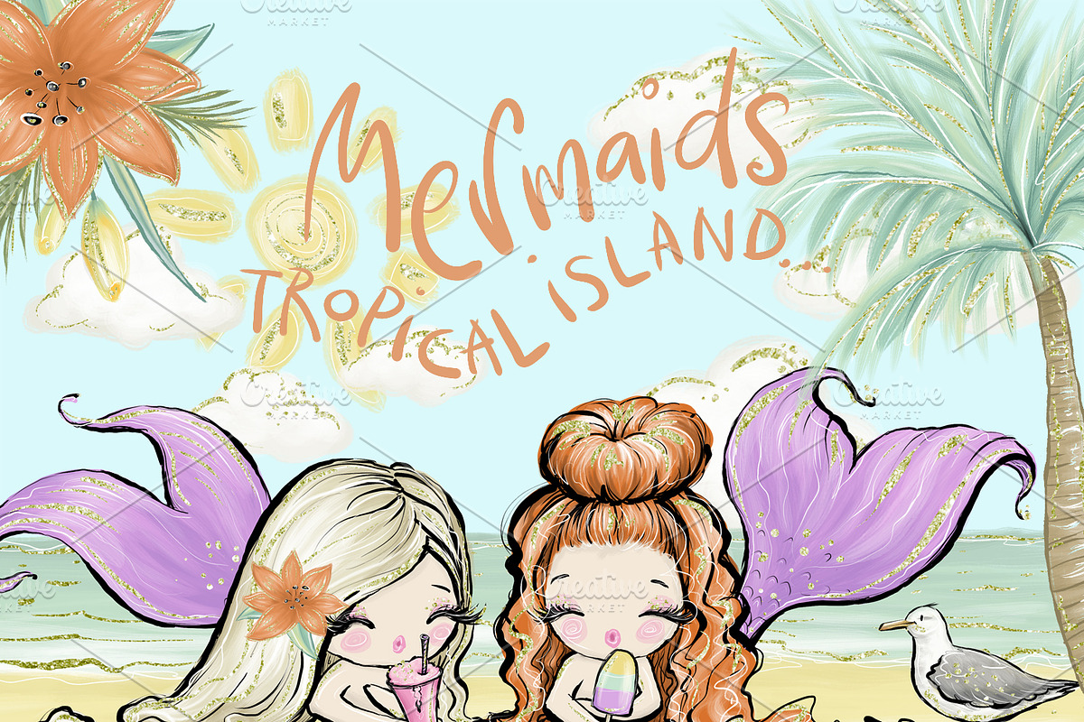 Mermaid Summer Clipart, Hand Painted in Illustrations - product preview 8