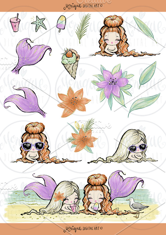 Mermaid Summer Clipart, Hand Painted in Illustrations - product preview 1
