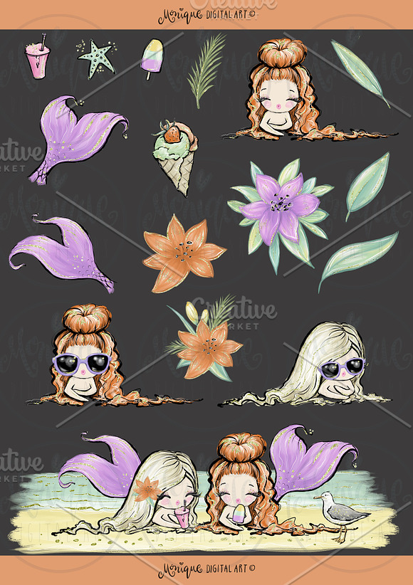 Mermaid Summer Clipart, Hand Painted in Illustrations - product preview 3