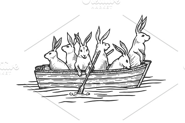 Hare animal in boat sketch engraving