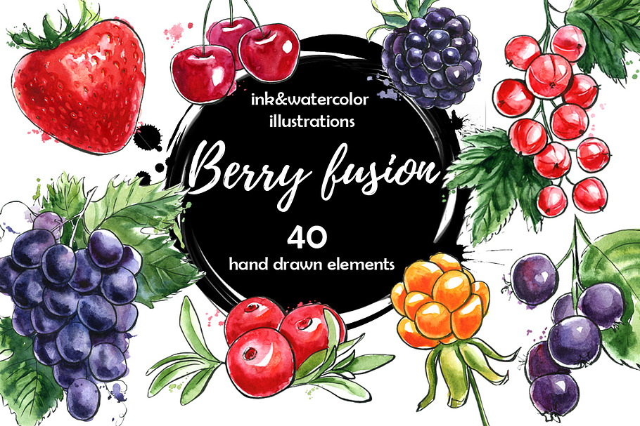 Berry Fusion hand drawn watercolors in Illustrations - product preview 8