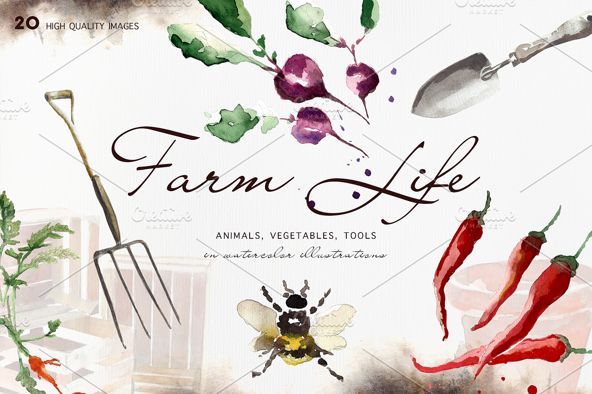Farm Life watercolour set in Objects - product preview 8