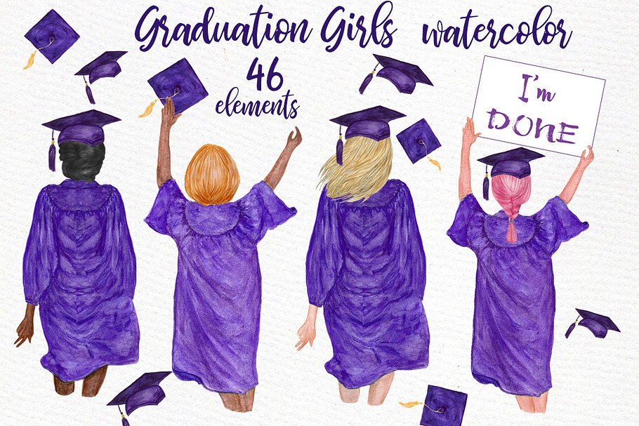 Graduation Clipart Watercolor Girls