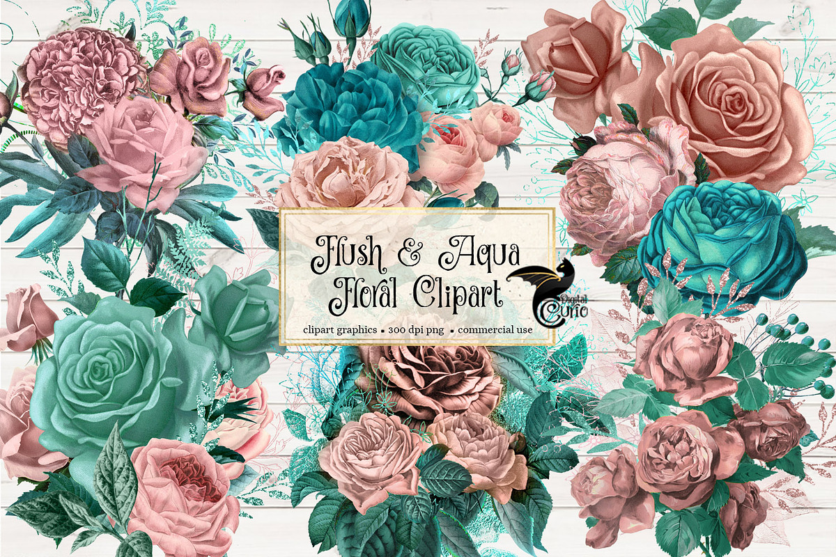 Flush and Aqua Floral Clipart in Illustrations - product preview 8