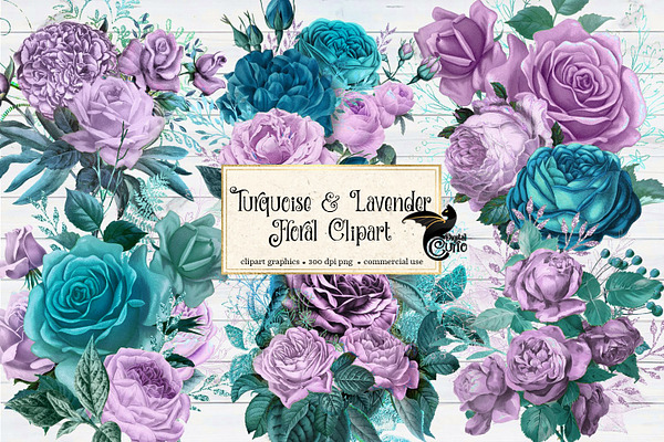 Turquoise & Lavender Floral Clipart