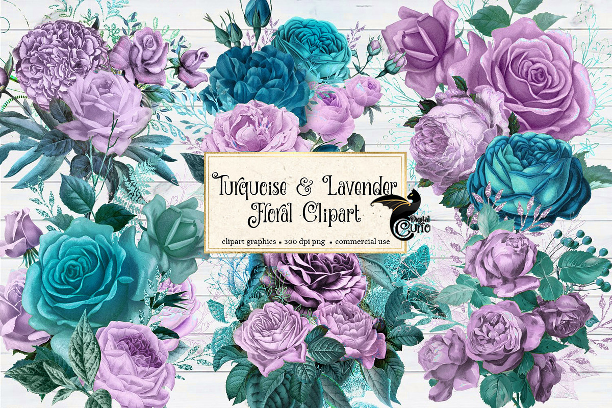 Turquoise & Lavender Floral Clipart in Illustrations - product preview 8