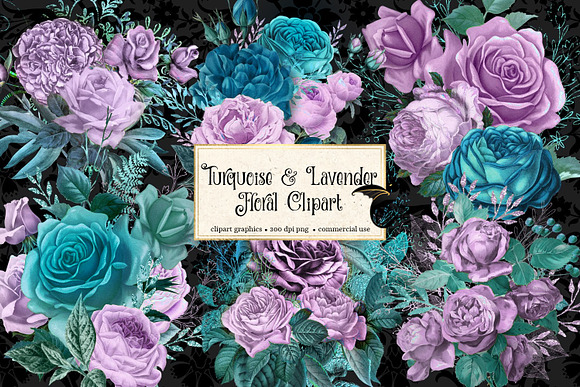 Turquoise & Lavender Floral Clipart in Illustrations - product preview 1