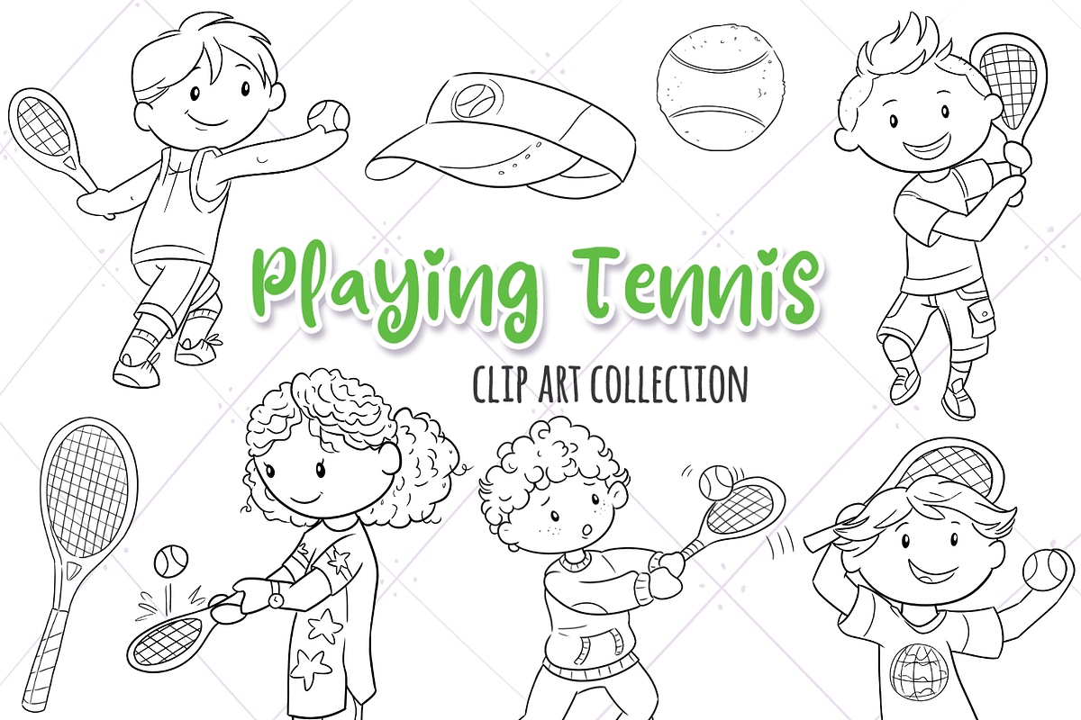 Kids Playing Tennis Black and White in Illustrations - product preview 8