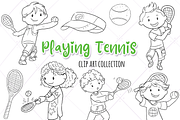 Kids Playing Tennis Black and White
