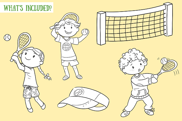 Kids Playing Tennis Black and White in Illustrations - product preview 1