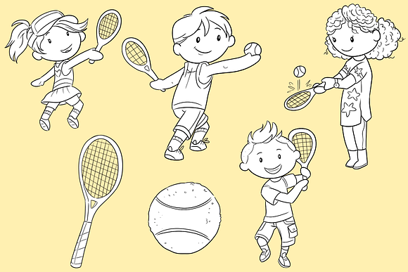 Kids Playing Tennis Black and White in Illustrations - product preview 2