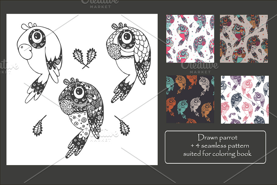 Doodle parrot. For coloring book. in Patterns - product preview 8