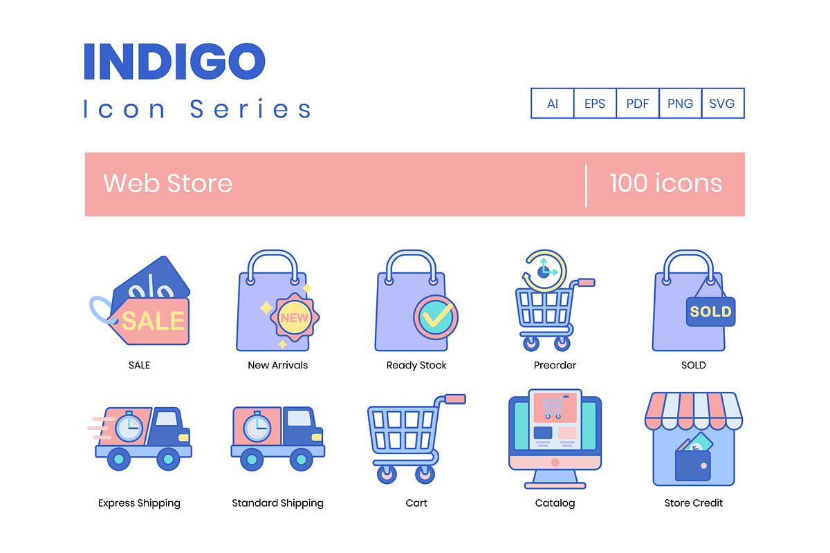 100 Web Store Icons | Indigo Series in Credit Card Icons - product preview 8