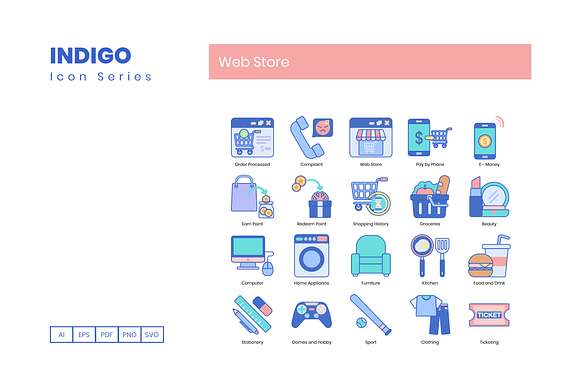100 Web Store Icons | Indigo Series in Credit Card Icons - product preview 1