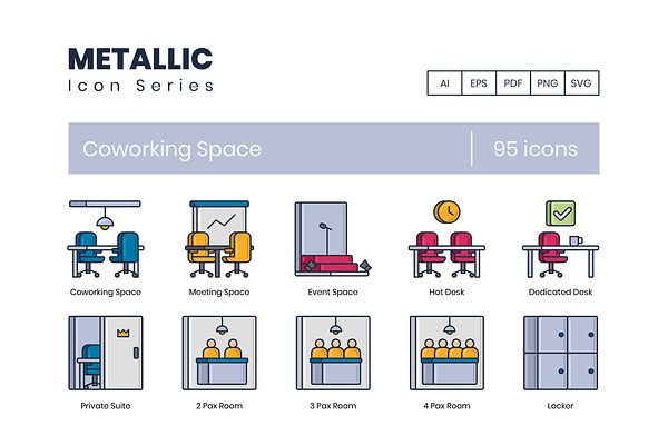 95 Coworking Space Icons | Metallic
