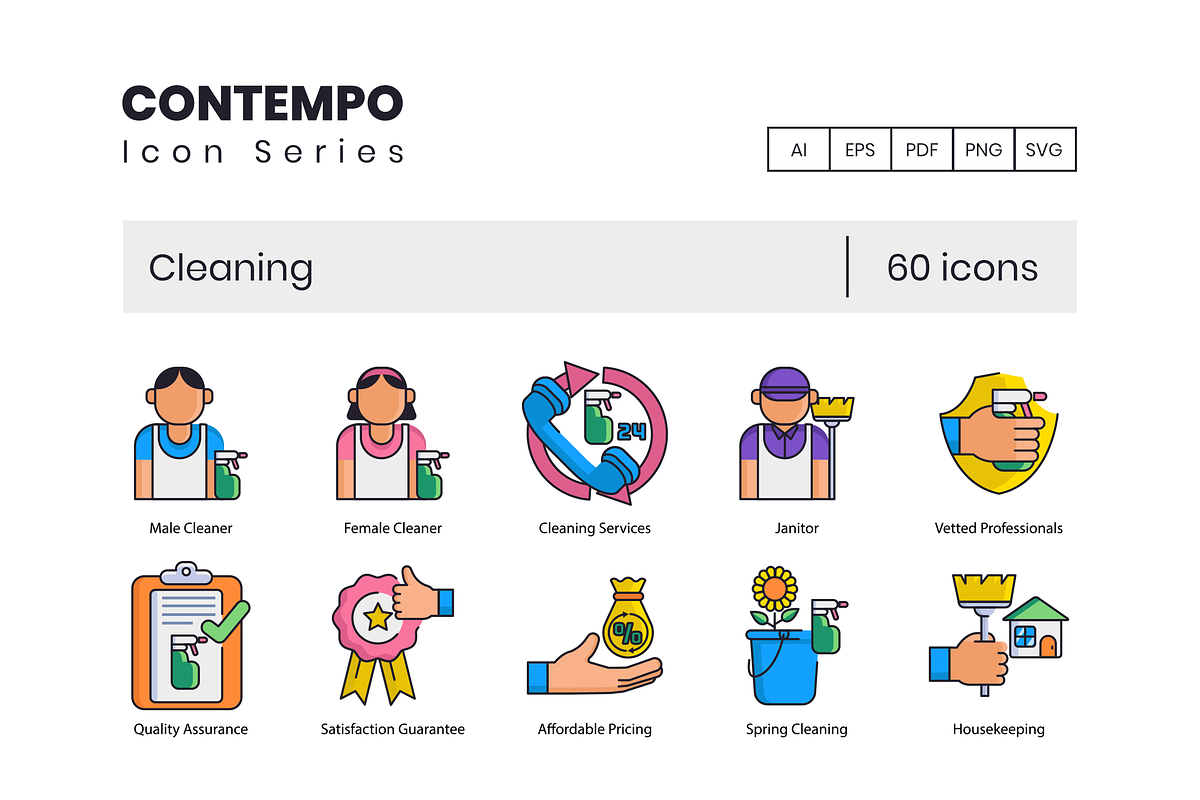 60 Cleaning Icons | Contempo Series in Washing Icons - product preview 8