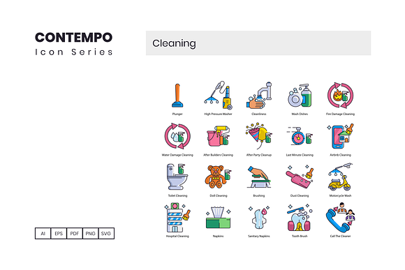 60 Cleaning Icons | Contempo Series in Washing Icons - product preview 3