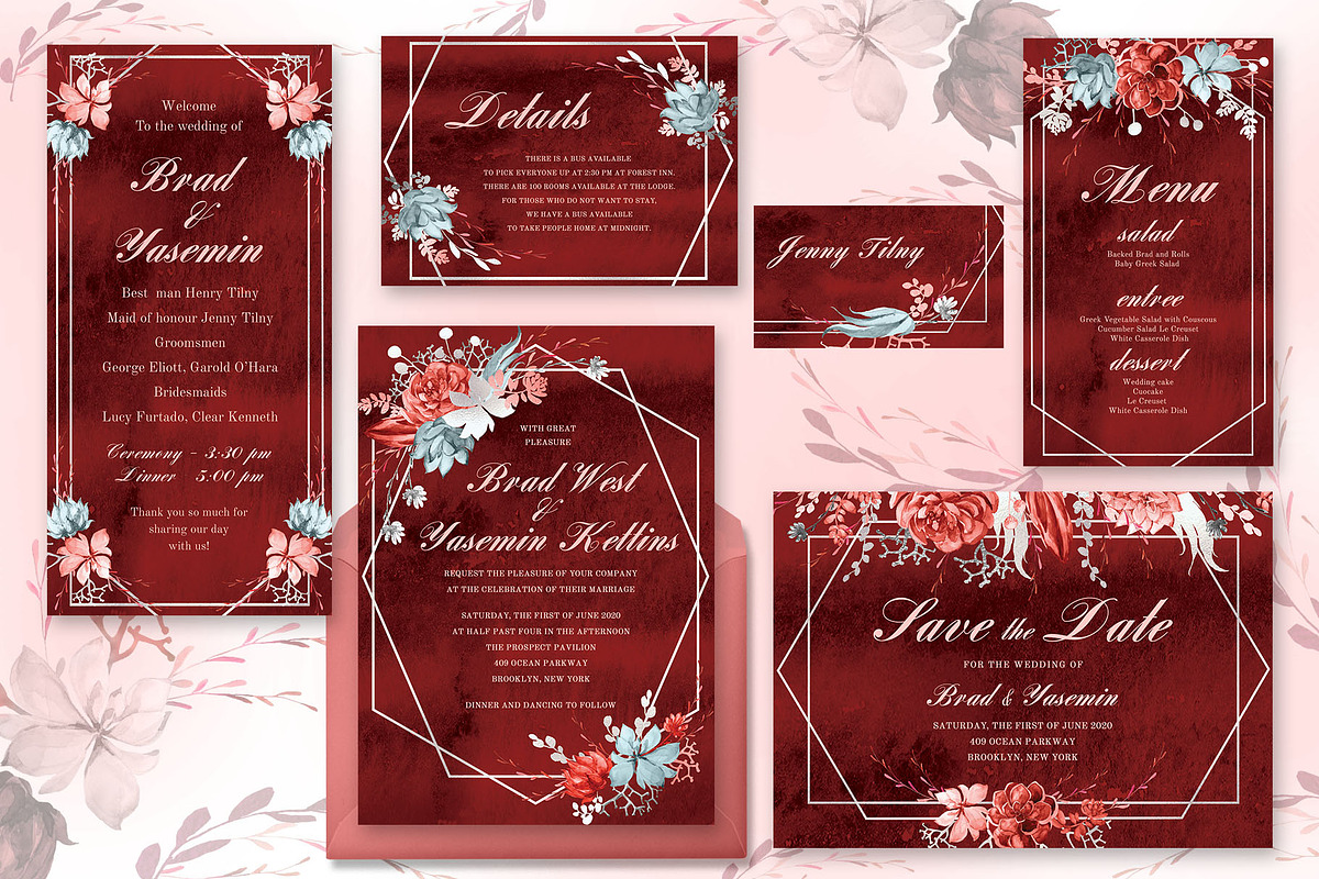 Marsala Watercolor Wedding Suite in Wedding Templates - product preview 8