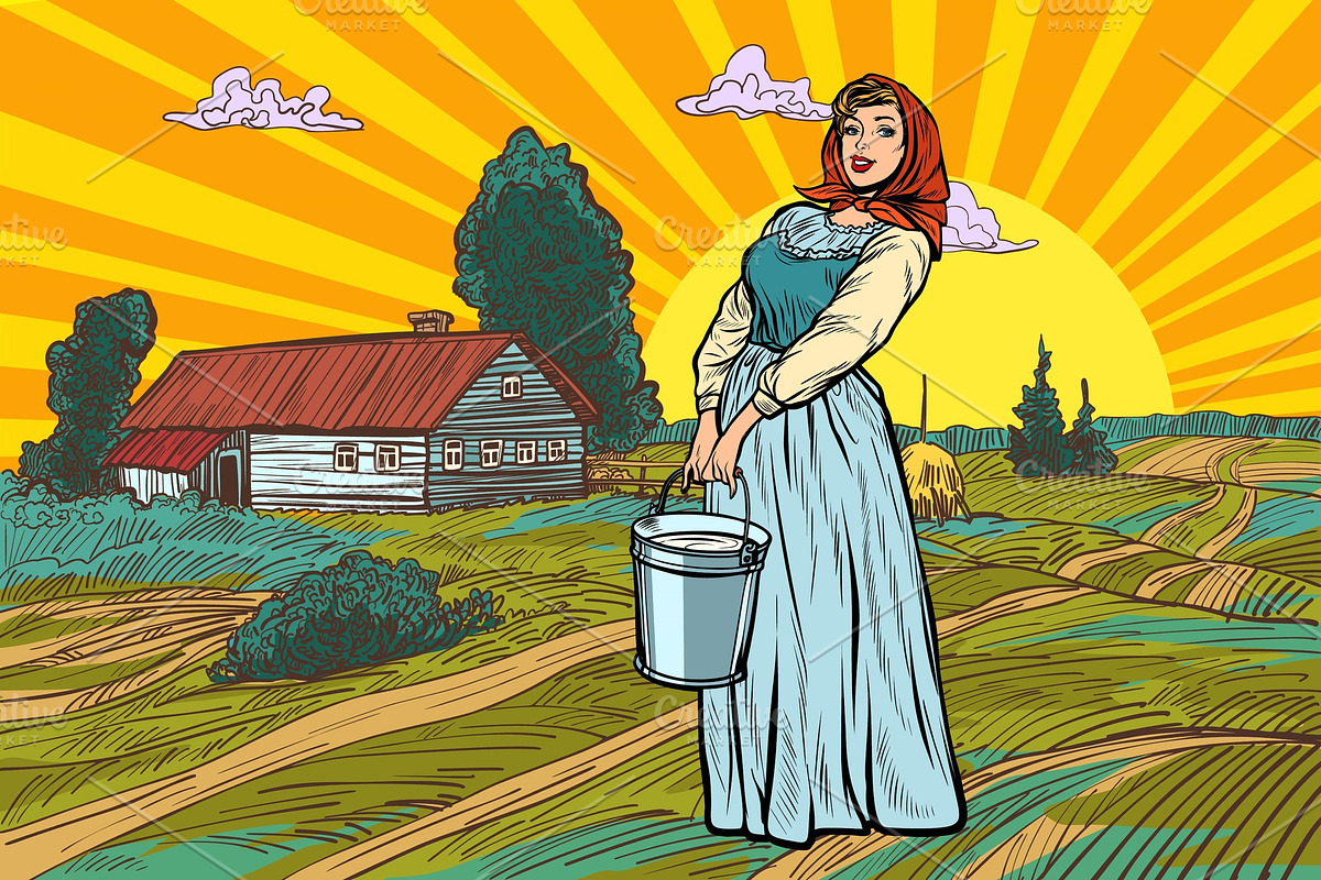 rural woman with a bucket of water in Illustrations - product preview 8