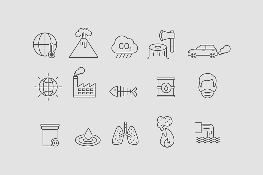15 Global Warming & Pollution Icons