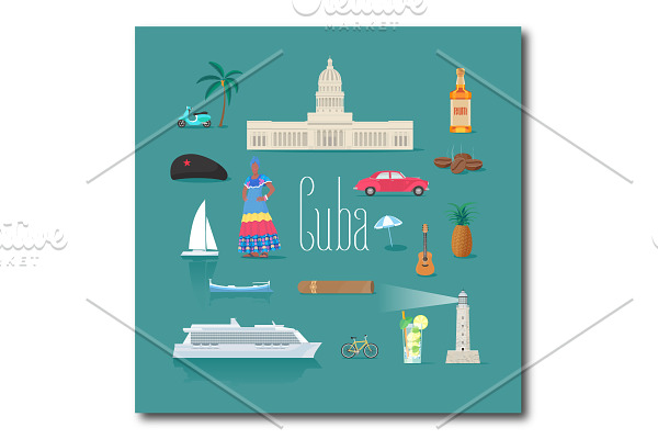 Set of icons with Cuban landmarks