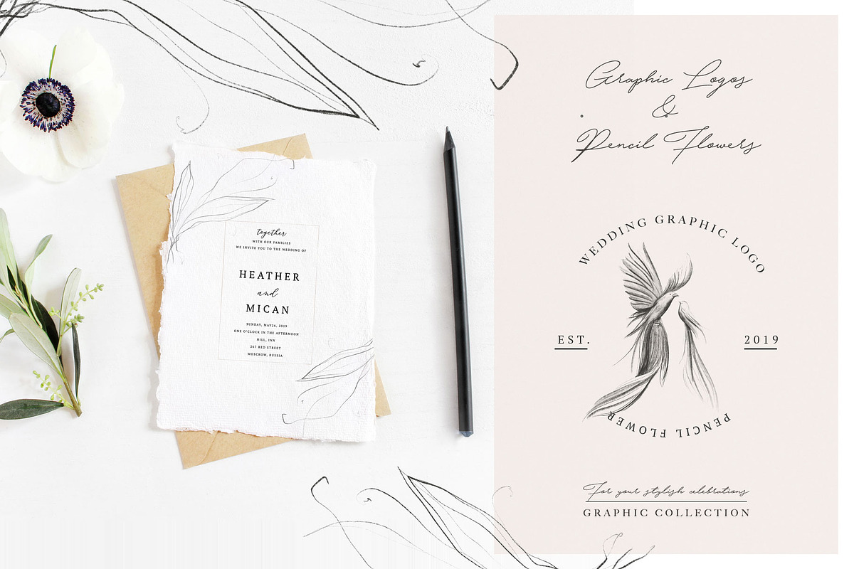 Wedding Graphic Logo & Pencil Flower in Illustrations - product preview 8