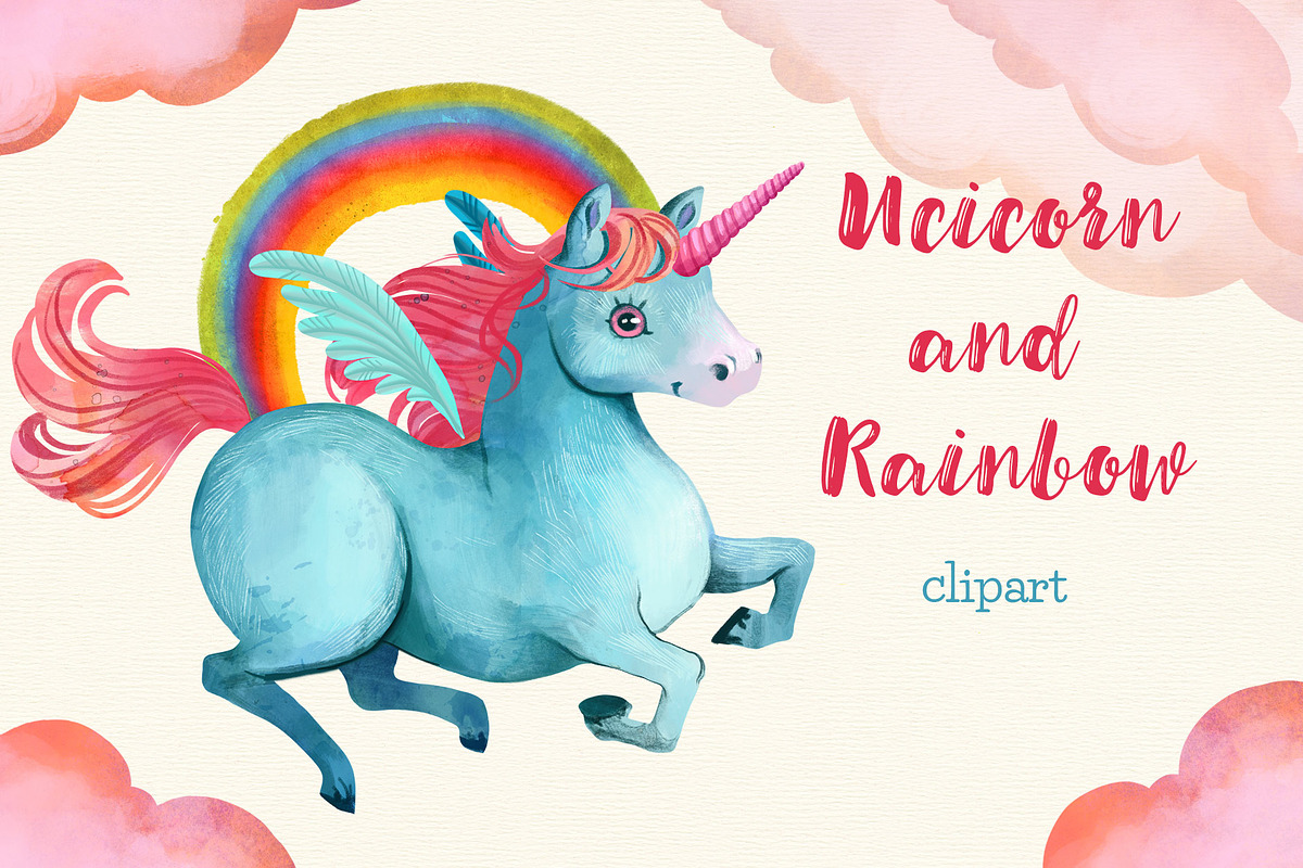 Unicorn and the rainbow clipart in Illustrations - product preview 8