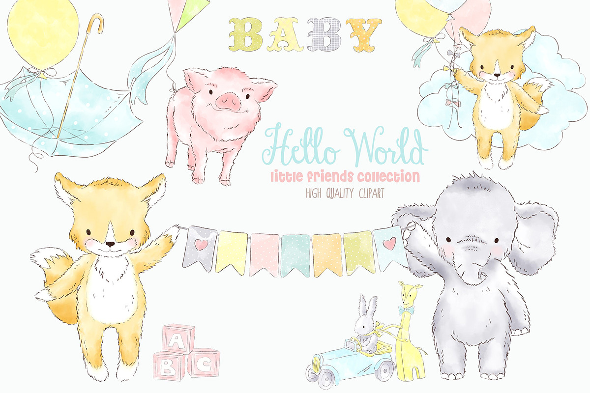 Baby animals watercolor clipart in Illustrations - product preview 8