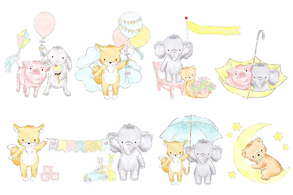 Baby animals watercolor clipart in Illustrations - product preview 1