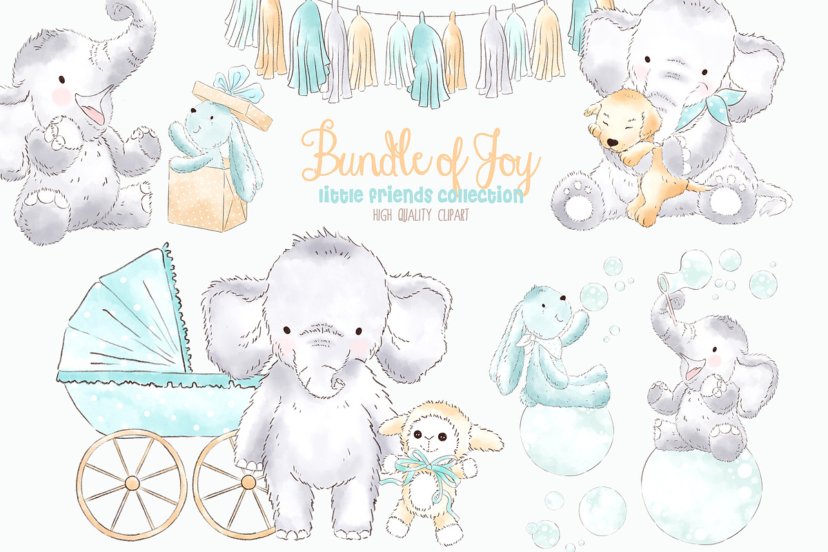 Elephant Babyboy Watercolor Clipart in Illustrations - product preview 8