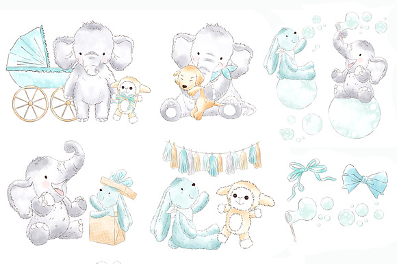 Elephant Babyboy Watercolor Clipart in Illustrations - product preview 1