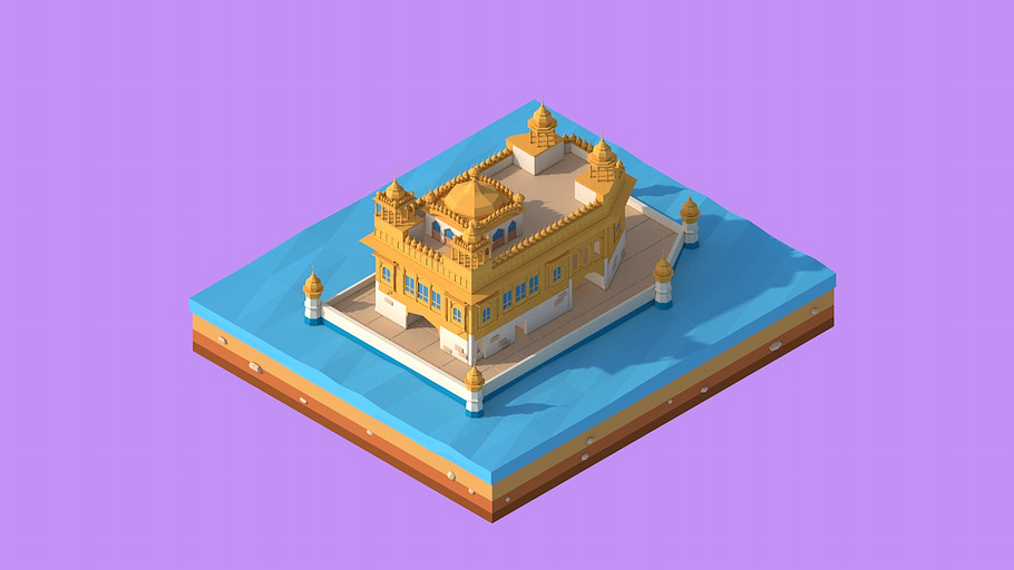 Cartoon Lowpoly Golden Tempe Landmar in 3D - product preview 2