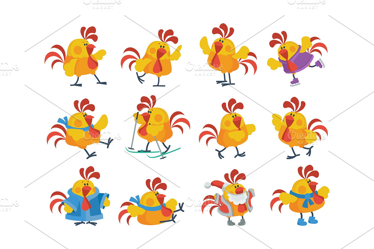 Cute Cartoon Roosters Flat Vector in Objects - product preview 8