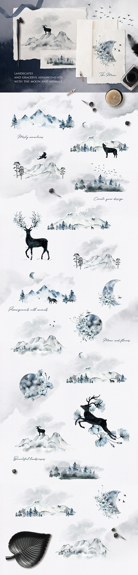 Misty mountains - watercolor clipart in Illustrations - product preview 3