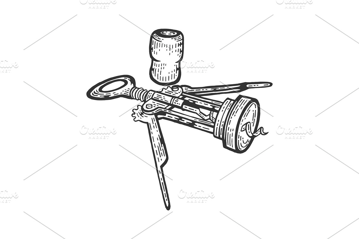 Corkscrew and wine cork sketch in Illustrations - product preview 8