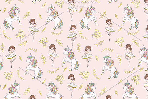 Cute unicorn and girl vector pattern