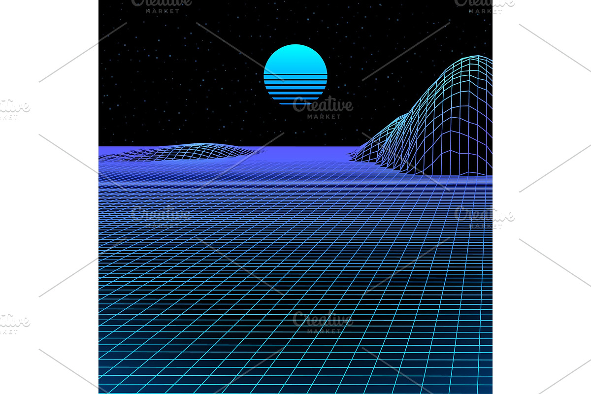 Landscape with wireframe grid of 80s in Illustrations - product preview 8
