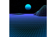 Landscape with wireframe grid of 80s