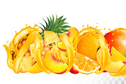 Fruit in juice splash background.
