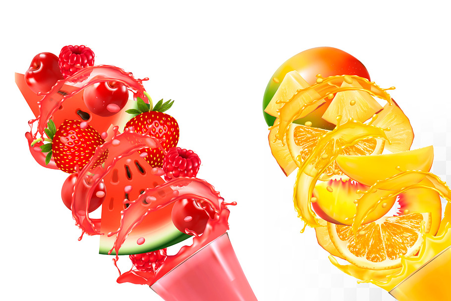 Set of fruit juice splash in glasses