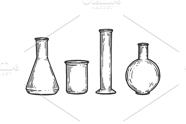 Chemical flasks sketch engraving