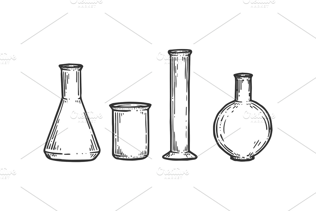 Chemical flasks sketch engraving in Objects - product preview 8