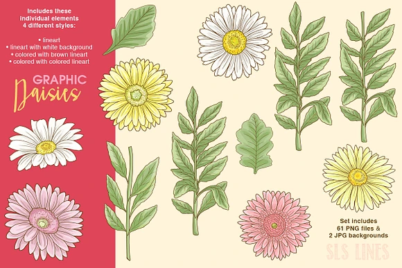 Daisy Graphic Set in Pink & Yellow in Illustrations - product preview 7