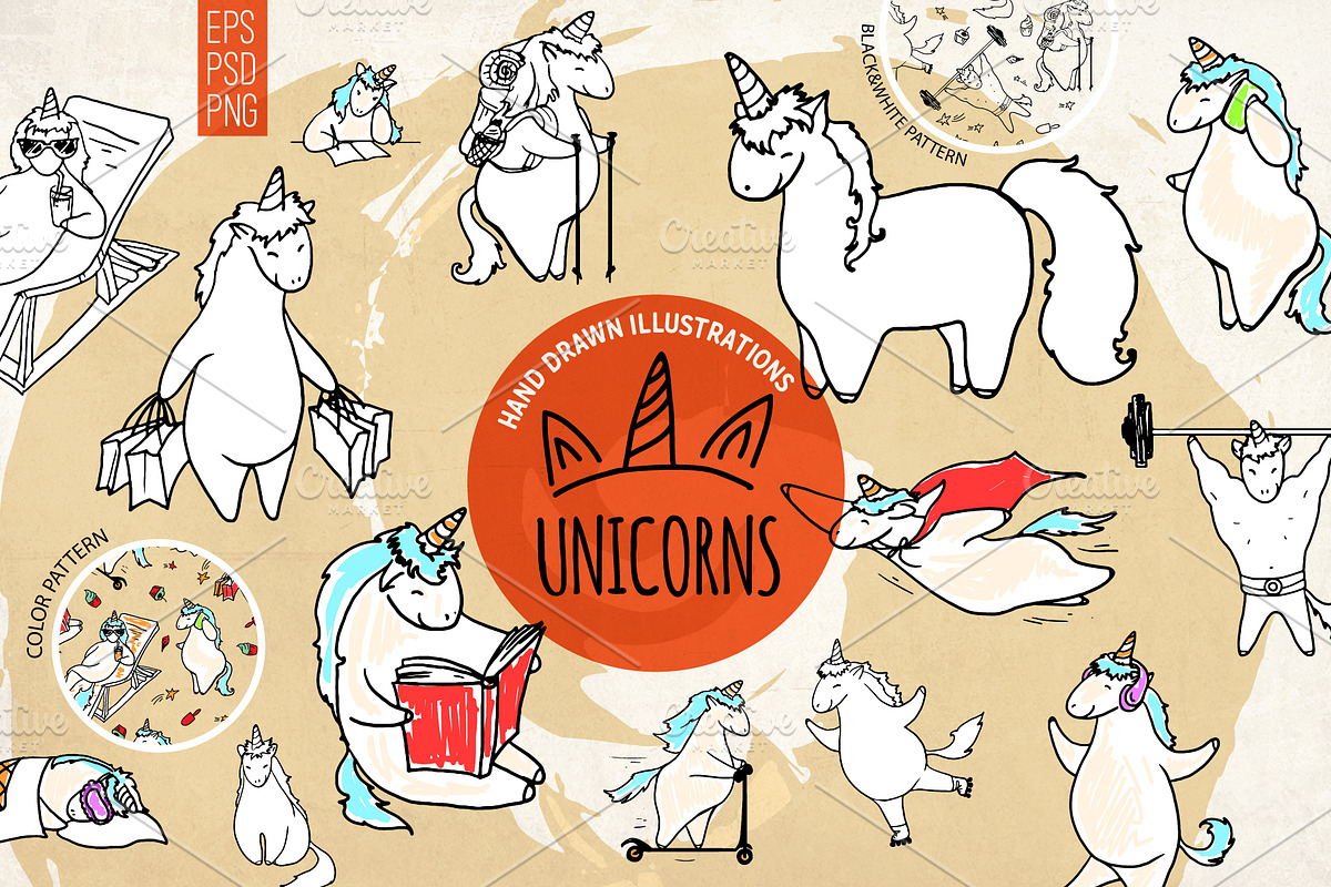 Cute unicorns. Hand drawn set in Objects - product preview 8