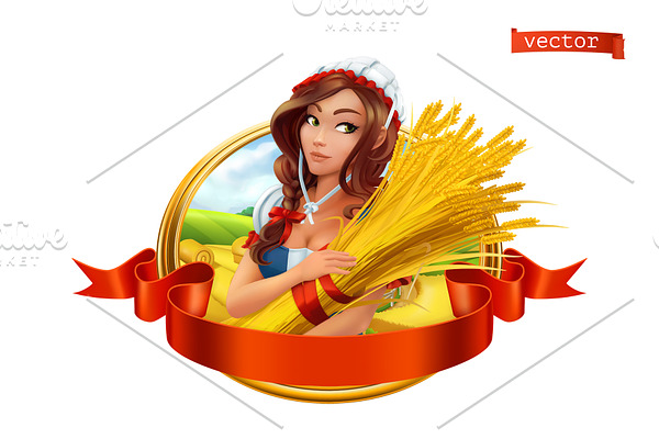 Beautiful woman with wheat, emblem