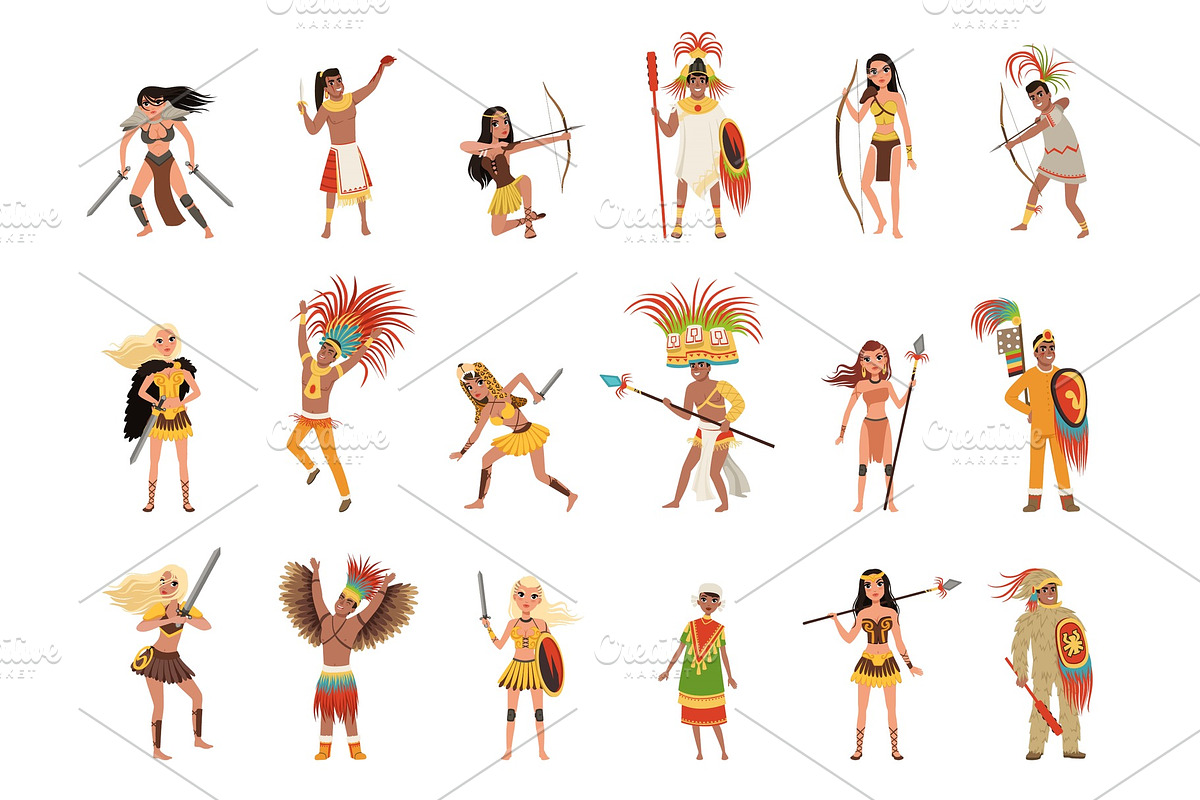 Aztec warriors set, men and women in Illustrations - product preview 8